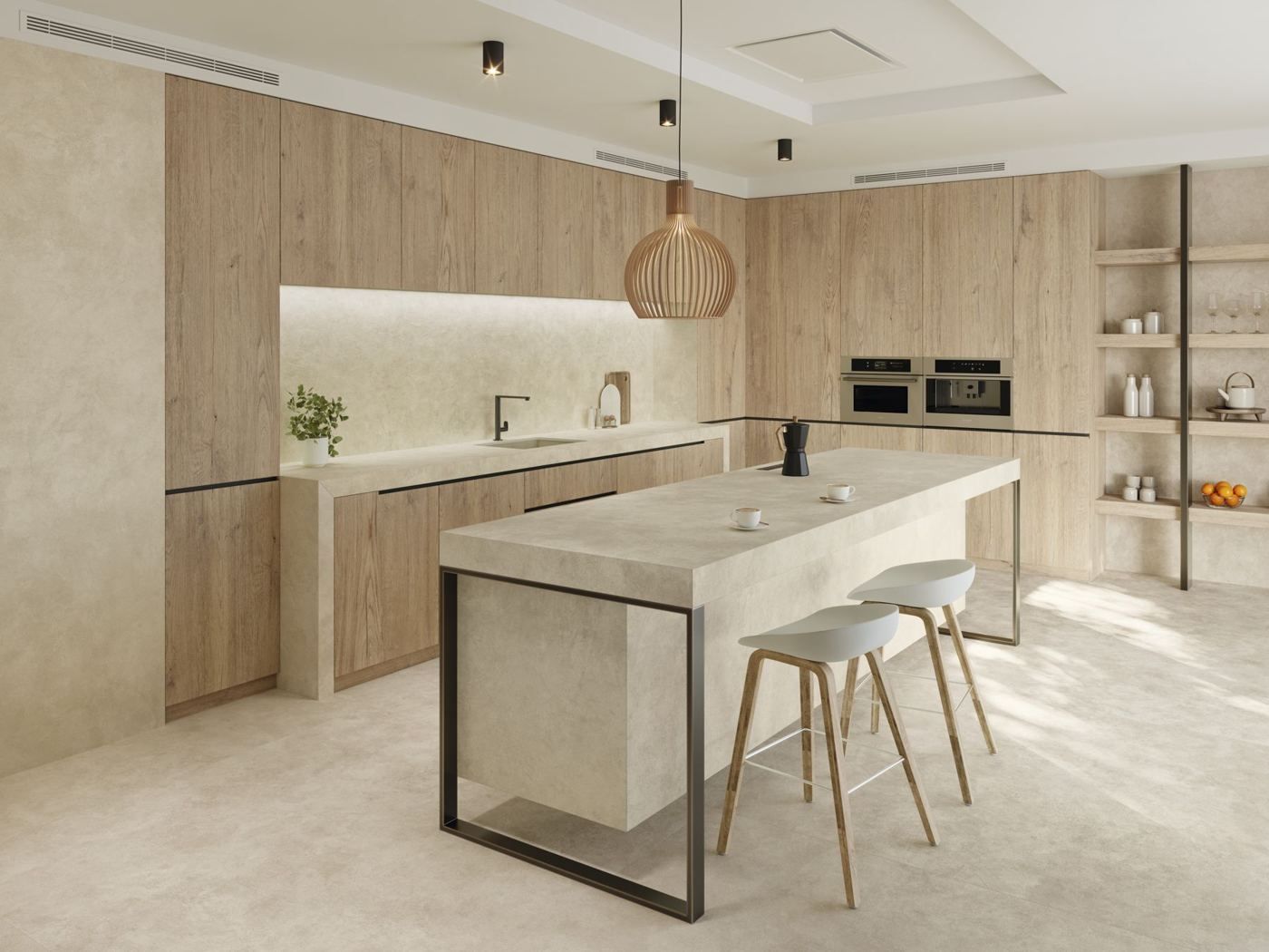 Kitchen with floor and island in Surface Arena porcelain